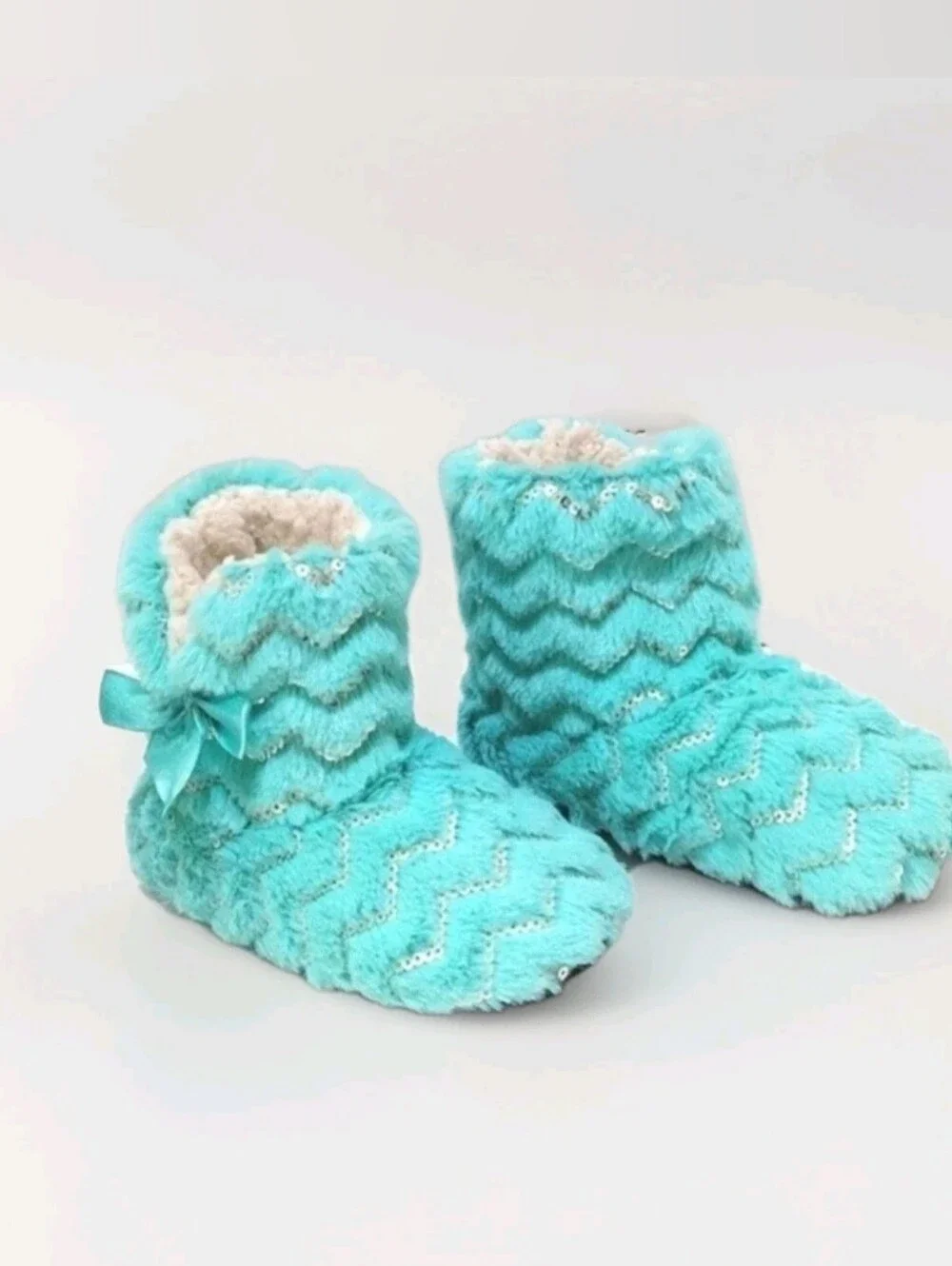 Total Girl Plush Faux Fur Slipper Boots Aqua Chevron Sequin House Shoes S/M